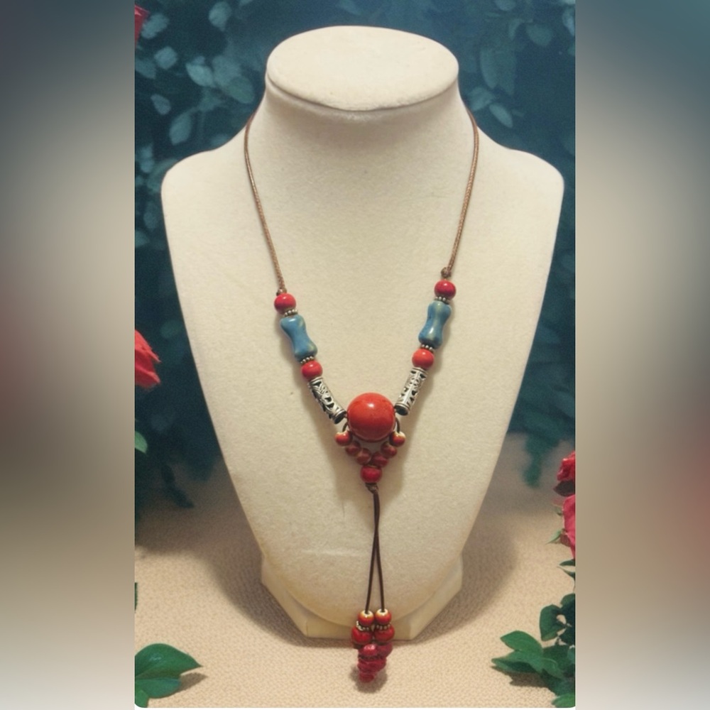 0115 Handcrafted Red and Blue Beaded Necklace
